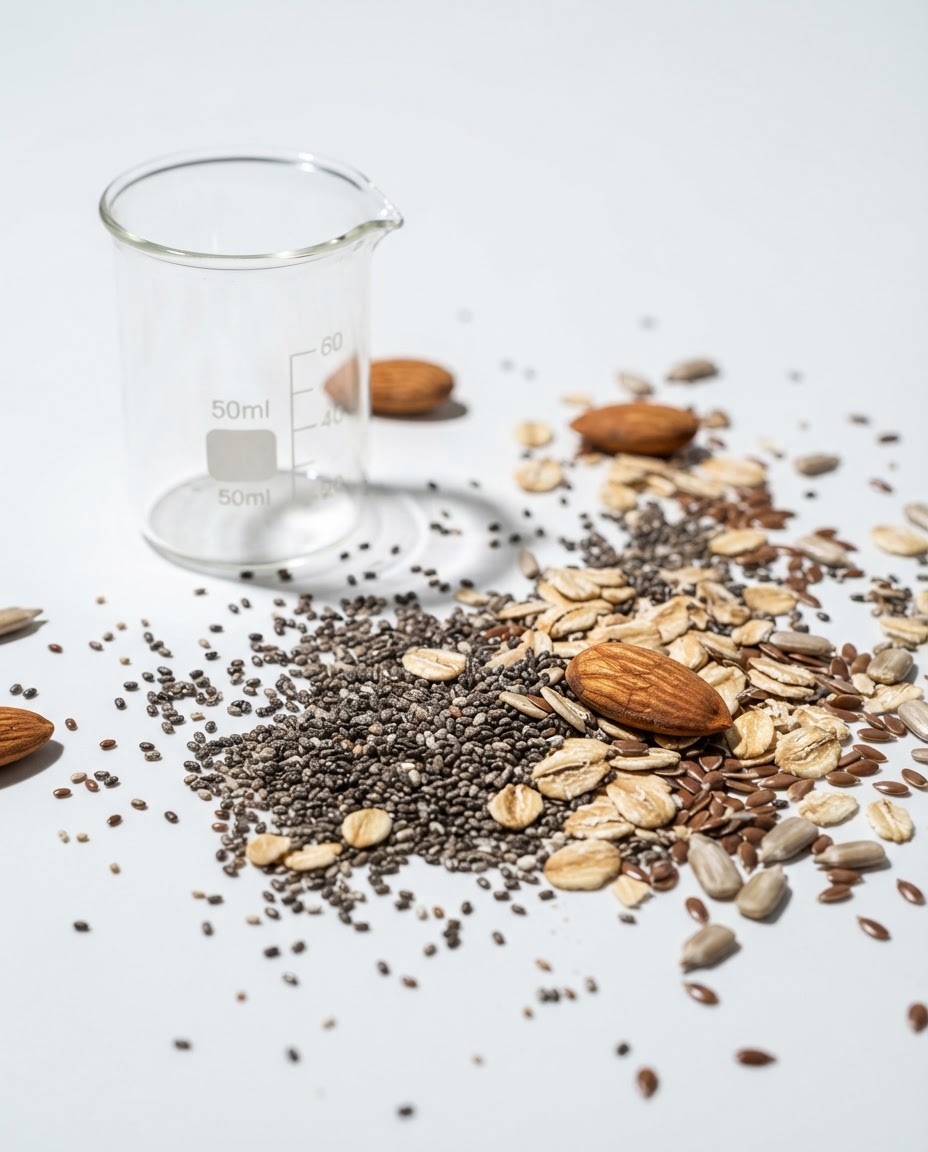 Frutos secos y semillas junto a vaso de precipitados