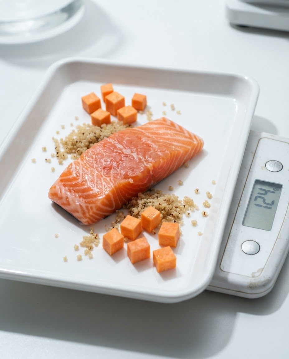 Salmón sobre báscula de cocina — control de macros