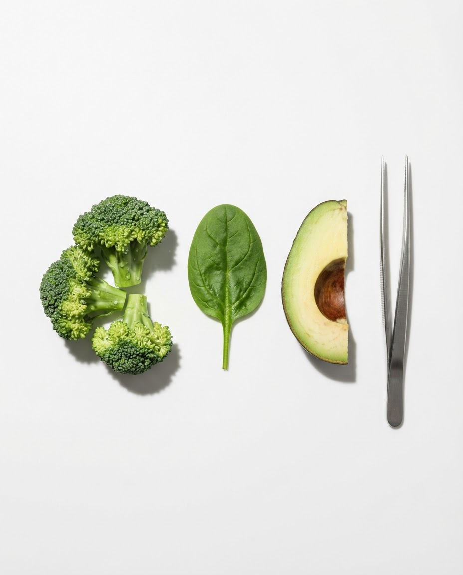 Verduras en inspección — brócoli, espinacas y aguacate