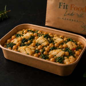 garbanzos con bacalao, espinacas y pimiento asado