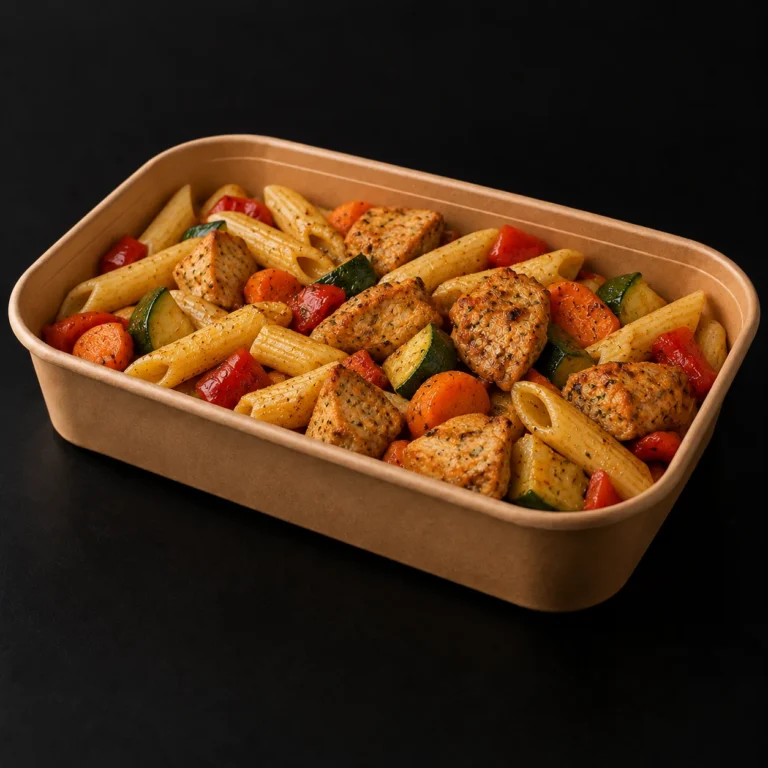 Pavo marinado con pasta y verduras salteadas