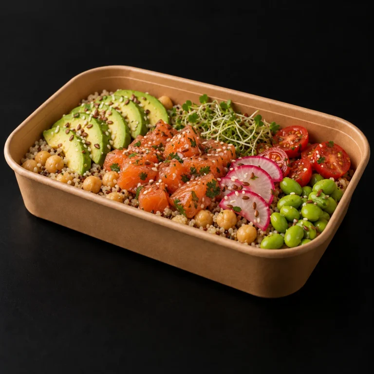 Poke de salmón, quinoa, aguacate y verduras