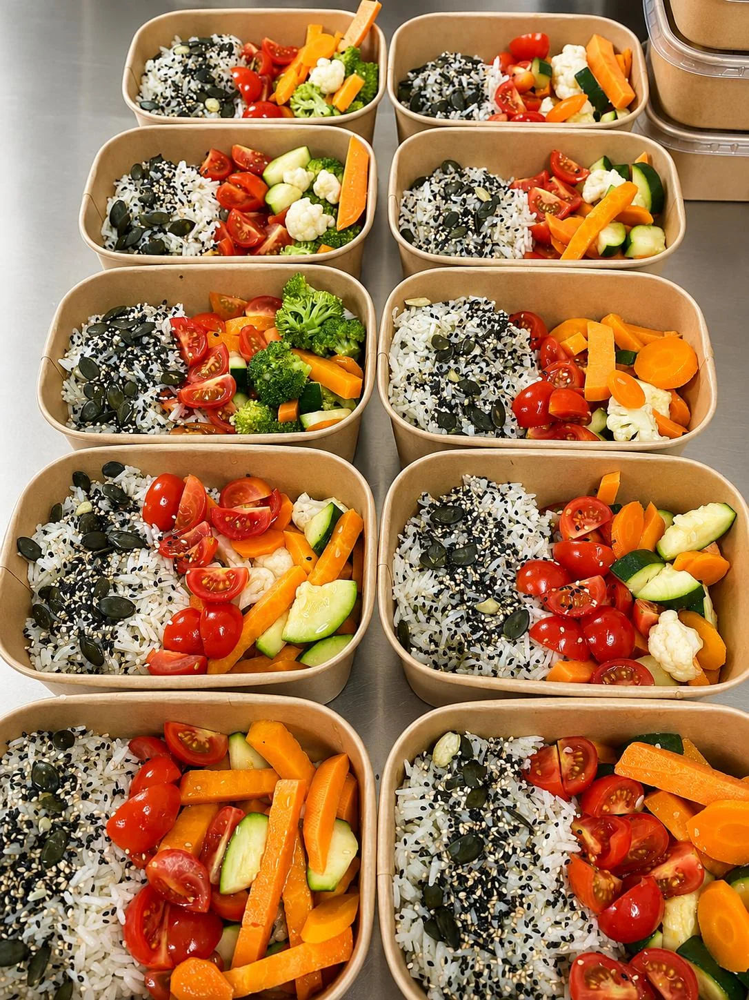 FitPacks con arroz y verduras preparados en producción