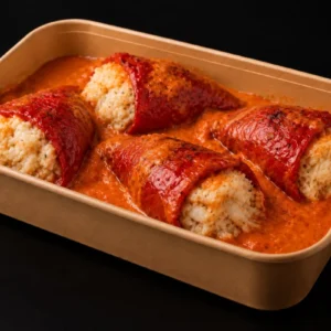 Pimientos del piquillo rellenos de bacalao con crema suave de pimientos asados